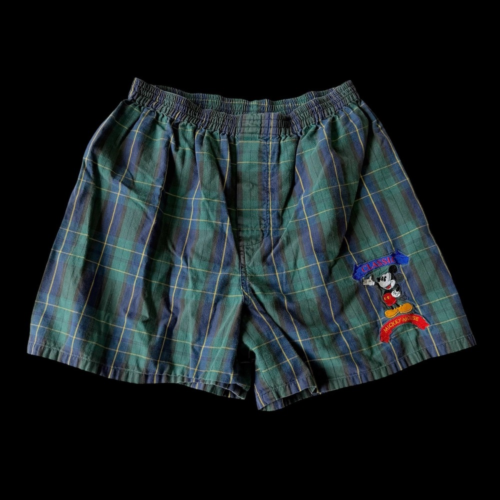 Disney Store Mens Mickey Mouse Plaid Boxer Shorts Green Blue Woven Cotton Small